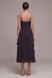 Black A Line Spaghetti Straps Midi Cocktail Dress with Ruffles