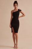 Black Asymmetrical Neck Bodycon Midi Cocktail Dress with Slit