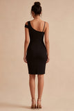 Black Asymmetrical Neck Bodycon Midi Cocktail Dress with Slit