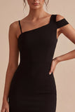 Black Asymmetrical Neck Bodycon Midi Cocktail Dress with Slit