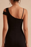 Black Asymmetrical Neck Bodycon Midi Cocktail Dress with Slit