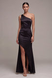 Black One Shoulder Mermaid Long Evening Dress with Slit