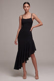 Black Bodycon Spaghetti Straps Asymmetrical Cocktail Dress with Ruffles