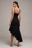 Black Bodycon Spaghetti Straps Asymmetrical Cocktail Dress with Ruffles