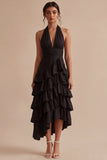 Black Halter A Line Tiered Midi Cocktail Dress with Ruffles