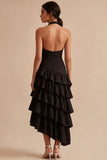 Black Halter A Line Tiered Midi Cocktail Dress with Ruffles