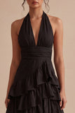 Black Halter A Line Tiered Midi Cocktail Dress with Ruffles