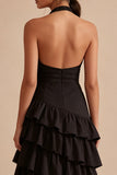 Black Halter A Line Tiered Midi Cocktail Dress with Ruffles