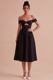 Off the Shoulder Black Midi A Line Cocktail Dress with Keyhole