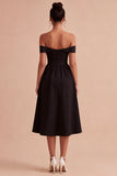 Off the Shoulder Black Midi A Line Cocktail Dress with Keyhole