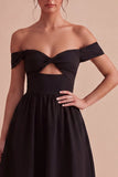 Off the Shoulder Black Midi A Line Cocktail Dress with Keyhole