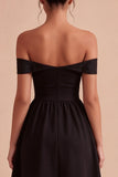 Off the Shoulder Black Midi A Line Cocktail Dress with Keyhole