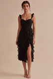 Black Sheath Ruffled Spaghetti Straps Midi Cocktail Dress with Slit