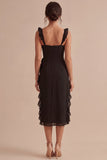 Black Sheath Ruffled Spaghetti Straps Midi Cocktail Dress with Slit