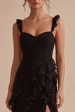 Black Sheath Ruffled Spaghetti Straps Midi Cocktail Dress with Slit