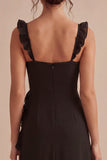 Black Sheath Ruffled Spaghetti Straps Midi Cocktail Dress with Slit