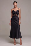 Black Mermaid Spaghetti Straps Midi Evening Dress with Lace