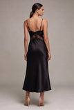 Black Mermaid Spaghetti Straps Midi Evening Dress with Lace