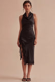 Halter Black Sheath Midi Cocktail Dress with Slit