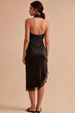 Halter Black Sheath Midi Cocktail Dress with Slit