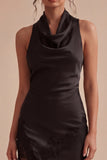 Halter Black Sheath Midi Cocktail Dress with Slit