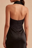 Halter Black Sheath Midi Cocktail Dress with Slit