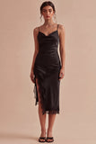 Black Bodycon Cowl Neck Midi Cocktail Dress with Slit