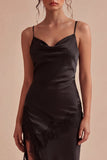 Black Bodycon Cowl Neck Midi Cocktail Dress with Slit