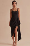 Black Bodycon Square Neck Midi Ruched Cocktail Dress with Sash