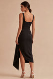Black Bodycon Square Neck Midi Ruched Cocktail Dress with Sash