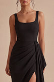 Black Bodycon Square Neck Midi Ruched Cocktail Dress with Sash