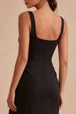 Black Bodycon Square Neck Midi Ruched Cocktail Dress with Sash