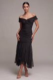 Black Off the Shoulder Mermaid Ruched Long Evening Dress
