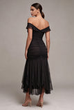 Black Off the Shoulder Mermaid Ruched Long Evening Dress
