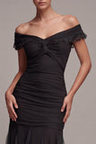 Black Off the Shoulder Mermaid Ruched Long Evening Dress