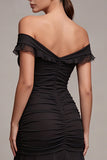 Black Off the Shoulder Mermaid Ruched Long Evening Dress