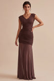 Brown Mermaid V-Neck Ruched Long Evening Dress