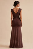 Brown Mermaid V-Neck Ruched Long Evening Dress