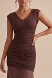 Brown Mermaid V-Neck Ruched Long Evening Dress