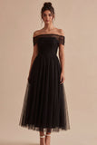 Black Off the Shoulder Tulle A Line Long Evening Dress