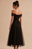 Black Off the Shoulder Tulle A Line Long Evening Dress
