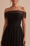 Black Off the Shoulder Tulle A Line Long Evening Dress