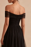 Black Off the Shoulder Tulle A Line Long Evening Dress