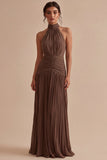 Halter Dark Coffee Pleated A Line Long Evening Dress