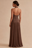 Halter Dark Coffee Pleated A Line Long Evening Dress