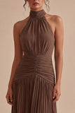 Halter Dark Coffee Pleated A Line Long Evening Dress