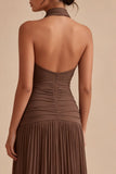 Halter Dark Coffee Pleated A Line Long Evening Dress