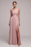 Dusty Rose One Shoulder A Line Pleated Maxi Evening Dress with Slit