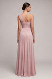 Dusty Rose One Shoulder A Line Pleated Maxi Evening Dress with Slit