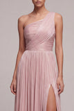 Dusty Rose One Shoulder A Line Pleated Maxi Evening Dress with Slit